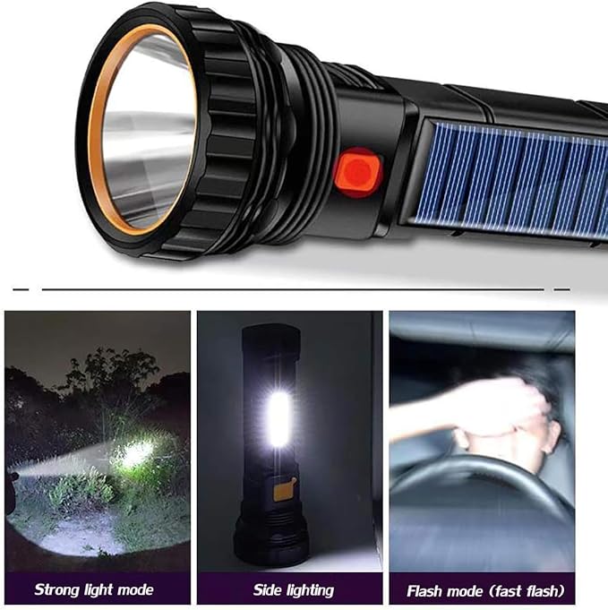 Solar/Rechargeable Multi Function 1000 Lumens LED Flashlight, with Emergency Strobe Light and 1200 Mah Battery, Emergency Power Supply and USB Charging Cable, Fast Charging (8PC)