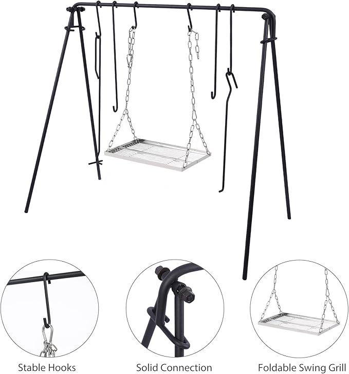 REDCAMP Swing Campfire Grill Stand - Collapsible Campfire Cooking Rack with 6 Hooks & Stainless Steel Grill Grate, Portable Dutch Oven Hanger for Outdoor Camping, Cookware, Bonfire, Rectangle ﻿