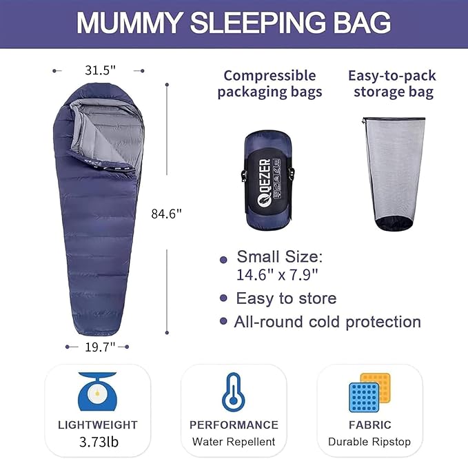Down Sleeping Bag for Adults 0°F 10°F 15°F 20°F Backpacking Sleeping Bag for Cold Weather with Compression Sack