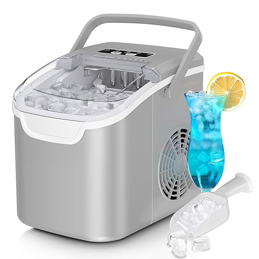 Countertop Ice Maker Machine, 8 Ice Cubes in 6 mins, 26lb/Day Bullet Ice with 2 Sizes- Portable Mini, Energy Saving & Basket/Scoop for Home/Party/Travel/Camping/Bar,Grey