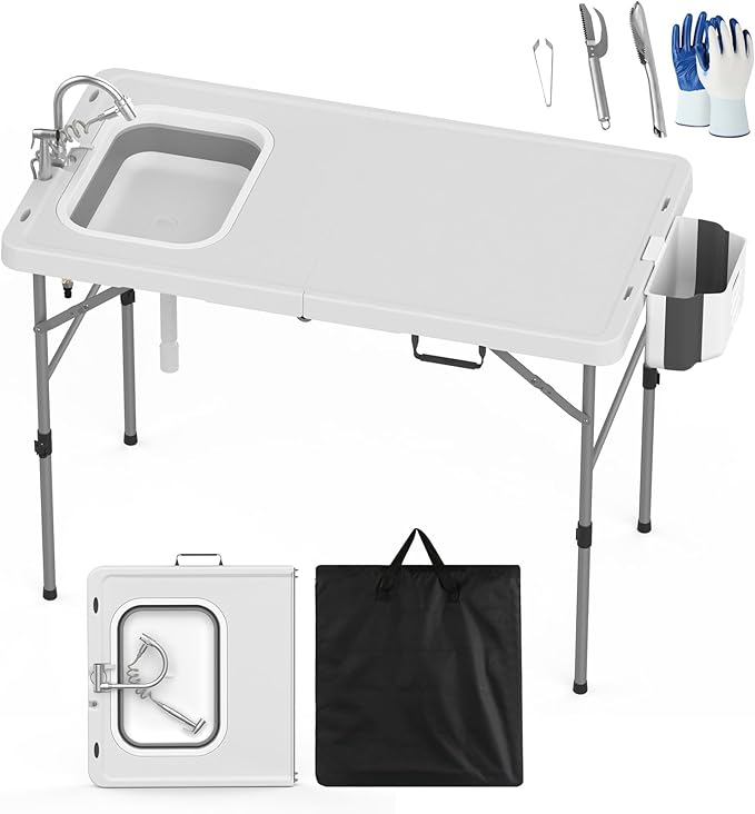 HLPB Fold in Half Folding Fish Cleaning Table with Sink, Foldable Protable Camping Sink Table with Drainage Hose & Fish Cleaning Kit, Fish Fillet Cutting Desk for Picnic Patio Backyard BBQ, White