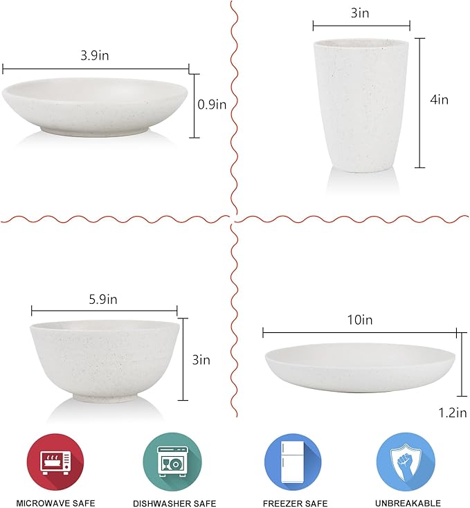 Wheat straw bowl and plate sets of 16 with cups - Unbreakable plastic dinnerware sets for kitchen - Microwave and Dishwasher safe dishes for kitchen,camping,indoors and out doors. White