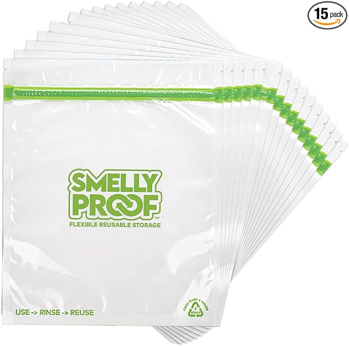 Smelly Proof Reusable Food Storage Bags, 15-Pack, Clear FLAT, 8.5x10