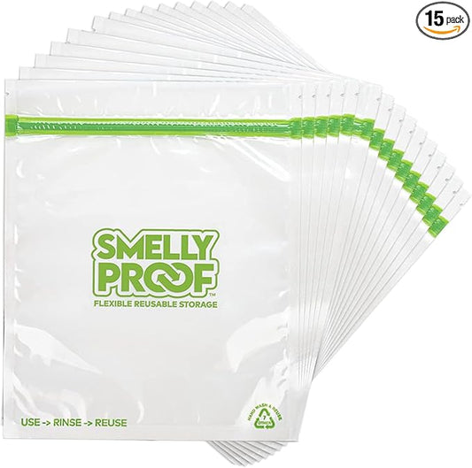 Smelly Proof Reusable Food Storage Bags, 15-Pack, Clear FLAT, 8.5x10
