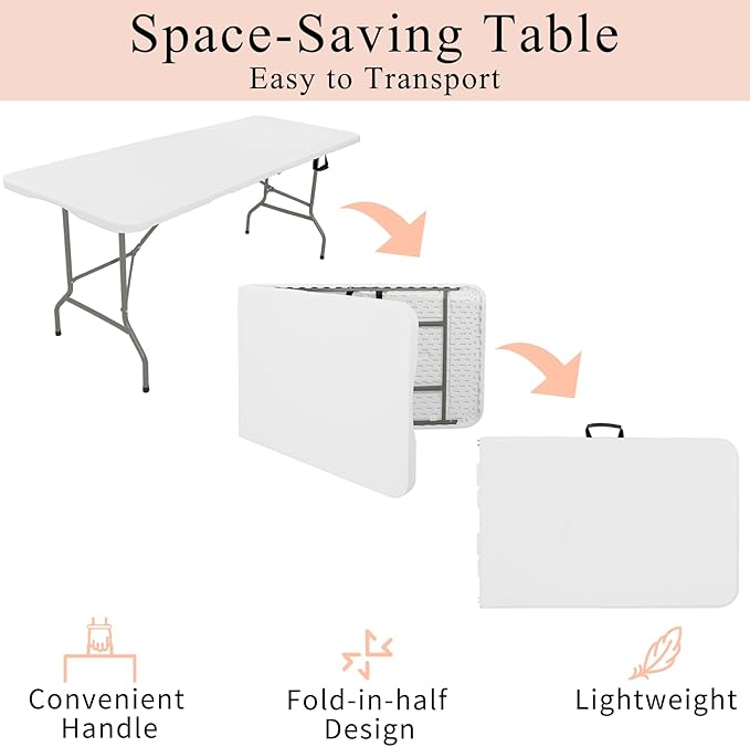 Set of 2 Folding Tables with Carrying Handle Heavy Duty Rectangular Portable Plastic Camping Table Steel Legs for Party, Dining, Wedding, Events, Picnic Indoor, Outdoor (8FT, White)
