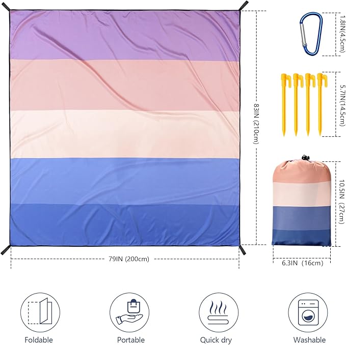 Beach Blanket Waterproof Sandproof Beach Mat 79" X 83"/10'x9'for 2-8 Adults Quick Drying Outdoor Picnic Mat Beach Accessories for Travel, Camping, Hiking