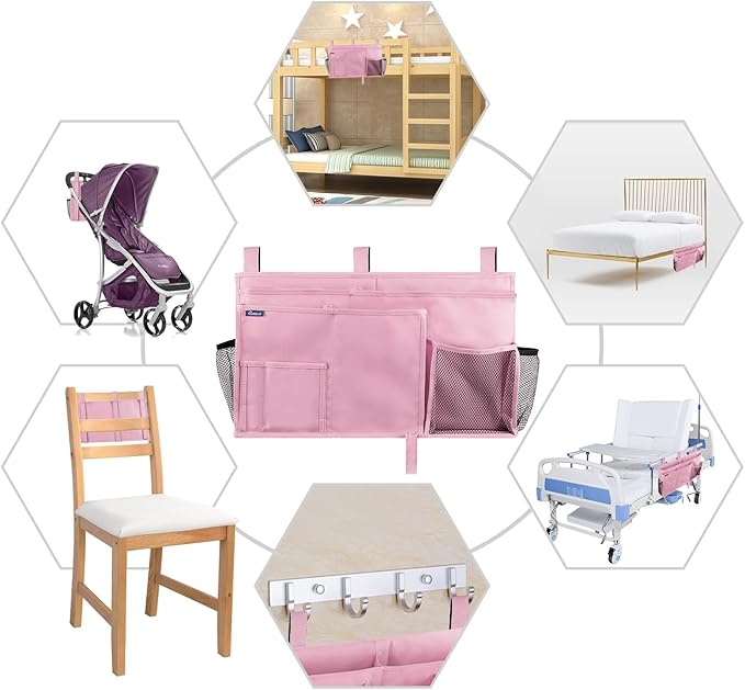 Surblue Caddy Hanging Organizer Bedside Storage Bag for Bunk and Hospital Beds, Pink, L