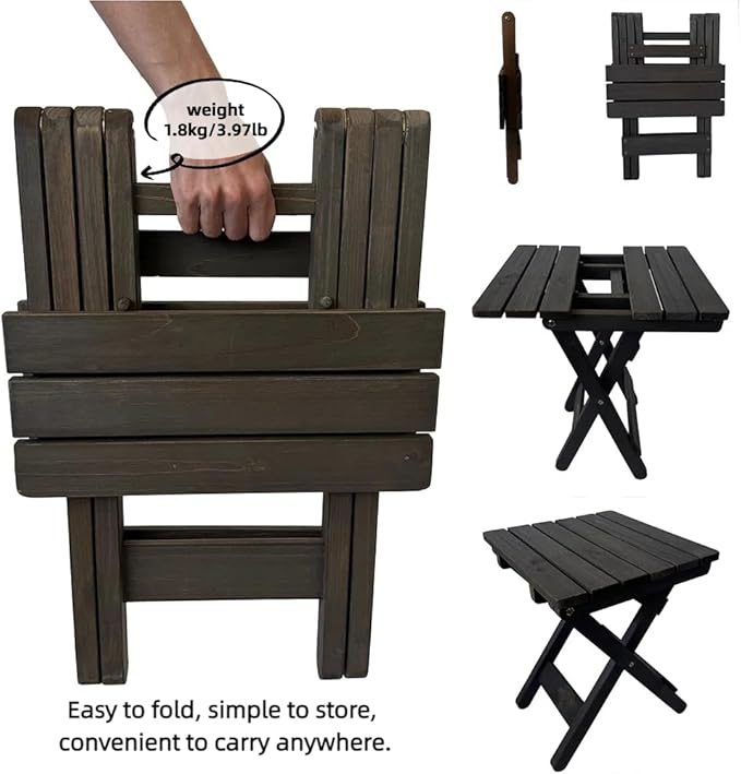 Outdoor Side Table, No Assembly Folding Wooden End Table for Outside or Indoor, Small Patio Tables for Camping, Pool, Bathroom, Backyard and Porch