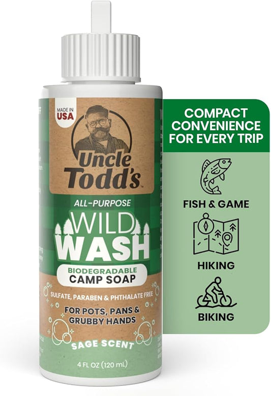Uncle Todd's Wild Wash Biodegradable Soap, Camping Soap Ideal for Dishes, Body, Hands, and Clothes - 4oz, Sage Scent