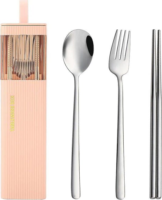 DEVICO Travel Utensils with Case, 18/8 Stainless Steel Reusable Silverware Set for Lunch Box, Portable Cutlery Set, Fork and Spoon Set for Camping, Lunch, Picnic, Workplace, School (Pink)