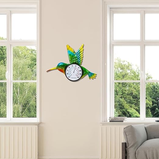 Hummingbird Outdoor Thermometer, 17" Indoor Thermometers with Large Number, Metal Wall Thermometer No Need Battery for Patio Room