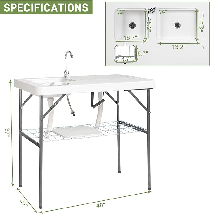 Outvita Folding Portable Camping Sink Table with Sink Faucet, Drainage Hose & Grid Rack, White