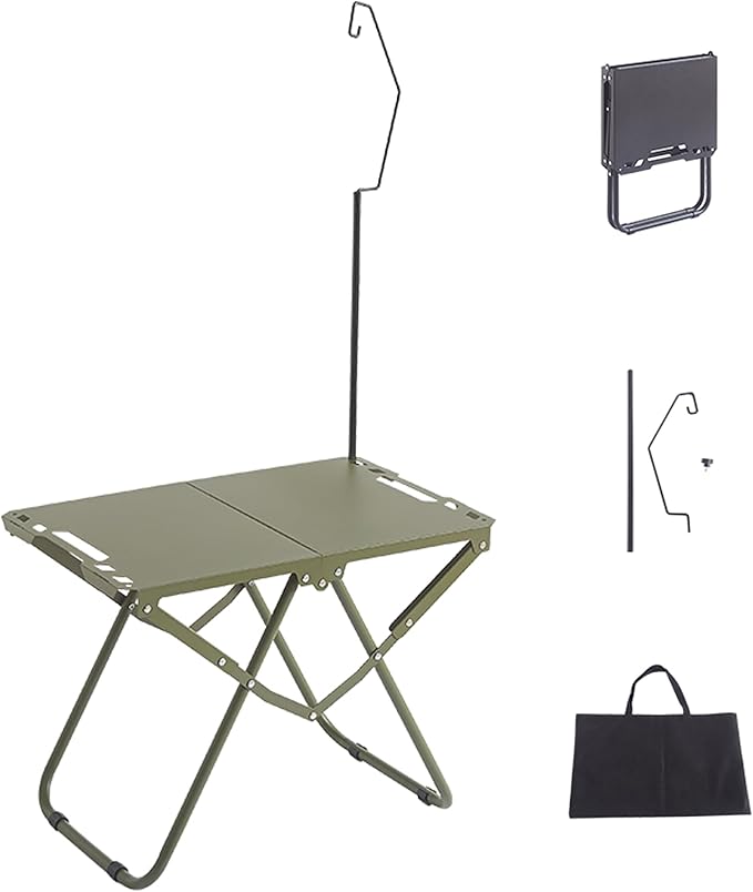 Folding Camping Table with Lantern Pole, Carbon Steel, Portable Outdoor Table for BBQ, Fishing, Hiking, Picnic