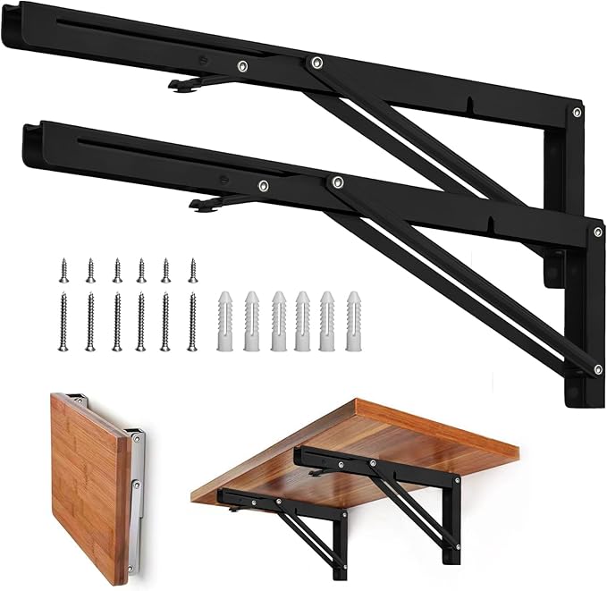 Storystore Folding Shelf Brackets - 18 Inch Heavy Duty Metal Collapsible Shelf Bracket for Bench Table, Shelf Hinge Wall Mounted Space Saving DIY Bracket, Max Load: 150 lb 2 PCS (, Black)