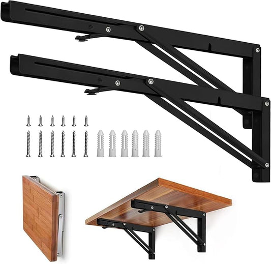 Storystore Folding Shelf Brackets - 18 Inch Heavy Duty Metal Collapsible Shelf Bracket for Bench Table, Shelf Hinge Wall Mounted Space Saving DIY Bracket, Max Load: 150 lb 2 PCS (, Black)