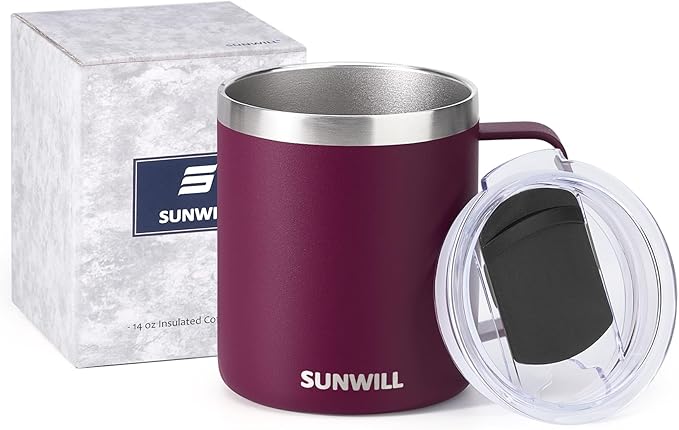 SUNWILL Travel Coffee Mug with Lid, Insulated Tumbler with Handle, 14 oz Stainless Steel Cup for Camping, Office, Home, Powder Coated Plum