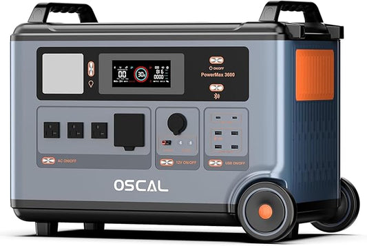 Generator OSCAL PowerMax 3600 – 3000W Solar Power Station (3600Wh), 4 AC Outlets up to 6000W Peak, 1.2H Rapid Charging, App Monitoring, Reliable Battery Backup for Home, Camping & Travel