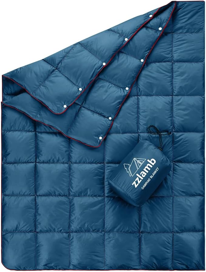 zzlamb Puffy Down Camping Blanket Water-Repellent, Down Throw Travel Blanket Portable for Outdoor, Light Warm Quilt for Couch Plane Car Theater Stadium Picnic RV Backpacking Hammock