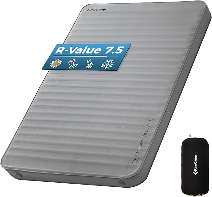 KingCamp Self Inflating Sleeping Pad, R 7.9 Air & Foam Camping Mattress 2 Person, 3" Thick Full Size Double Sleeping Pad with Pump Sack for Camp Tent Outdoor Car, PVC Free (Grey)