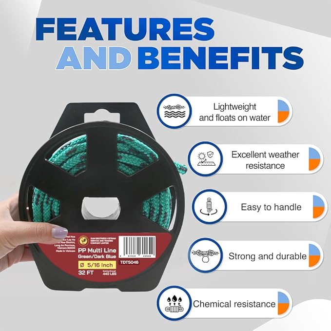 5/16" - 32' (8 mm x 10 m) 16 Strand Strong Heavy-Duty Tactical Paracord, Clothes Line Camping Utility - All-Purpose Lightweight Diamond Braid Rope for Tie, Pull, Swing, Knot