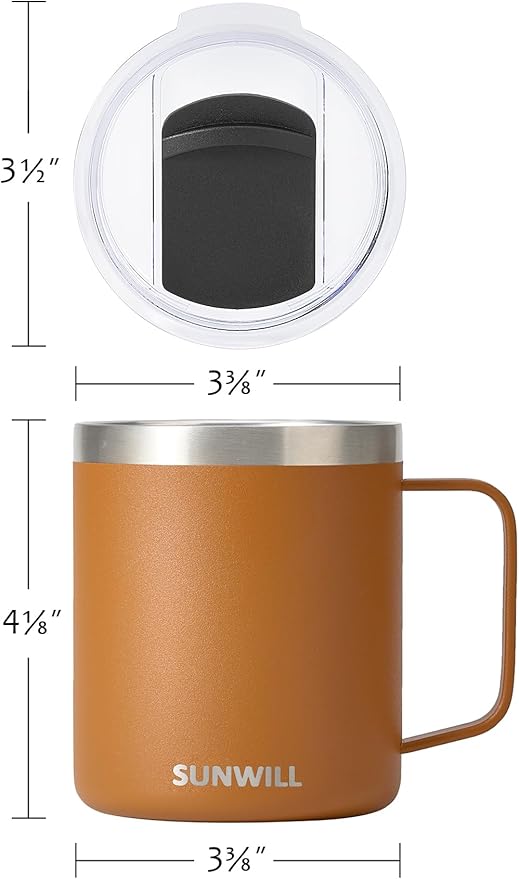 SUNWILL Travel Coffee Mug with Lid, Insulated Tumbler Set of 2, Stainless Steel Cup 14 oz for Camping, Outdoor, Gifts, Powder Coated Olive & Caramel