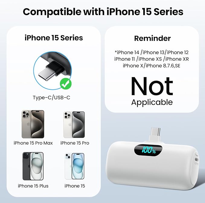Mini Portable Charger USB C Power Bank, Upgraded 5000mAh PD Fast Charging Battery Pack Built-in USB-C Connector,LCD Display,Compatible with iPhone 15,15 Plus,15 Pro/Max,iPad Pro/Air Android Phone etc