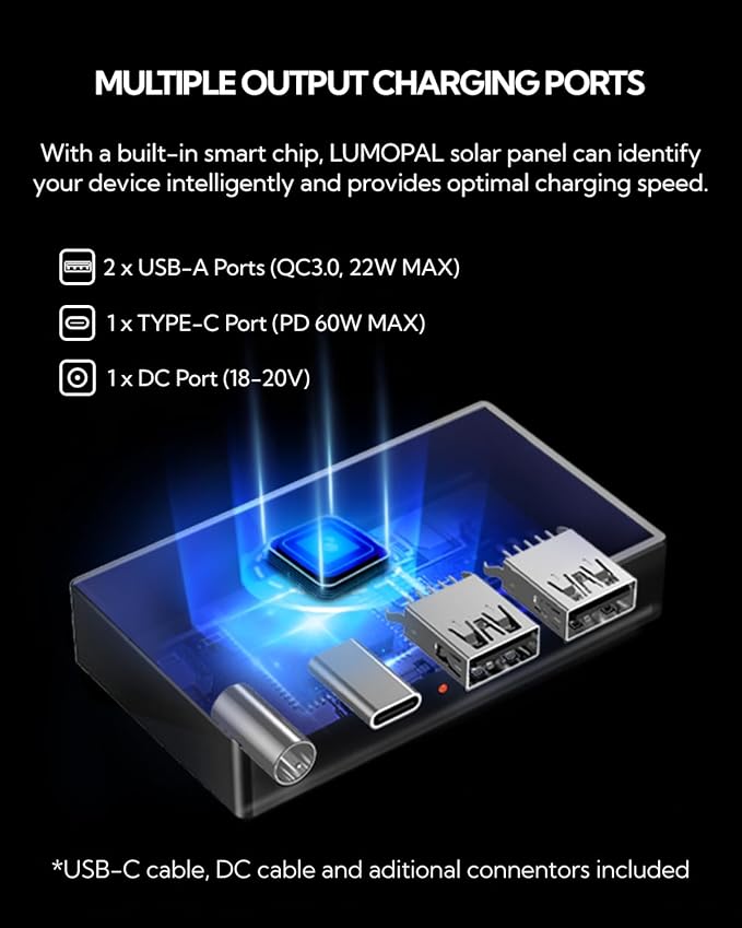 Portable Solar Panel, LUMOPAL 60W Foldable Solar Panel Folding Solar Charger with PD60W USB C QC3.0 USB A DC18-20V Output for Camping Backpacking Compatible with Phone Laptop Portable Power Station