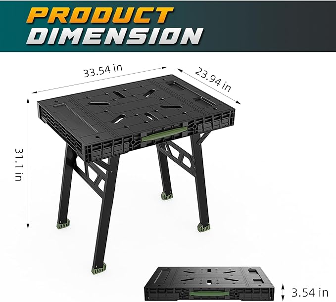 Express Folding Work Table, Easy Setup Portable Folding Work Table & Portable Folding Workbench, 34" W x 25" D x 31" H Lightweight Versatile Clamping Worktable for Garage/Wood Shop (Green)