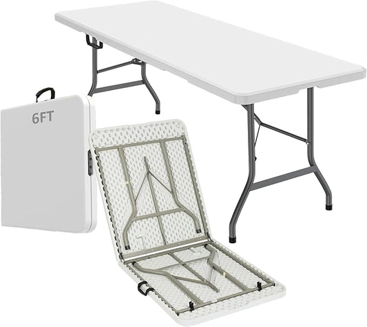 6ft Heavy Duty Portable Folding Table - Plastic Dining Table Indoor/Outdoor White Plastic Table for Parties, BBQs, and Camping