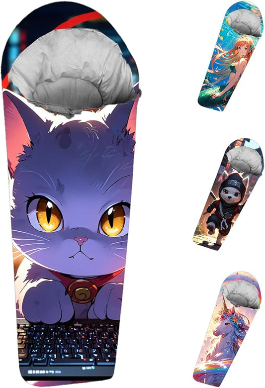 Mummy Style 32 – 59F Kids Sleeping Bag with Pillow Sleeve, Full Scale Digital Printing Unicorn, Mermaid, Kitty or Puppy, Lightweight, Ideal for Camping, Sleepover, Boys, Girls, Youth and Toddlers