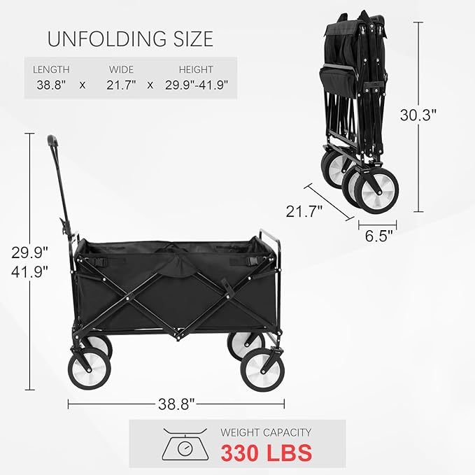PayLessHere 38" Collapsible Wagon Folding Foldable Garden Cart with Large Capacity, 330 LBS Capacity Portable Utility Wagon Cart Heavy Duty for Beach Camping Shopping Garden,Black