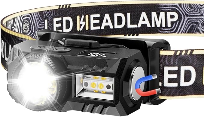 LED Headlamp Rechargeable with Motion Sensor - Super Bright Head Lamp with 6 Modes for Camping & Hiking Gear Essentials, IPX4 Waterproof Headlight Flashlight with Red Light, USB Cable Included(Black)