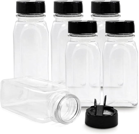 RoyalHouse - 6 Pack 14 Oz Plastic Spice Jars with Black Cap, Clear and Safe Plastic Bottle Containers with Shaker Lids for Storing Spice, Herbs and Seasoning Powders, BPA Free, Made in USA