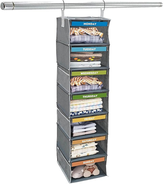 7 Shelves Hanging Closet Organizer, a Shelf for Every Day of The Week, Foldable Hanging Storage with Side Pockets, Clothes Storage for Bedroom, Weekly Clothes Organizer for Kids