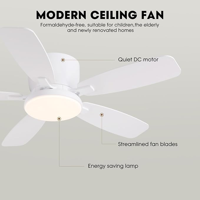 Ceiling Fans with Lights, 44" Low Profile Ceiling Fan with Light Remote Control, 6 Speed 35dB Ultra Quiet Smart Ceiling Fan with Reversible DC Motor, Dimmable 3CCT LED for Bedroom/Living Room (White)