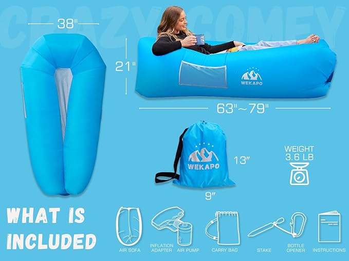 WEKAPO Inflatable Lounger with Pump-Effortless Setup, Ultra-Comfy & Lightweight -Perfect Blow up Couch for Camping, Beach, Hiking & Festivals