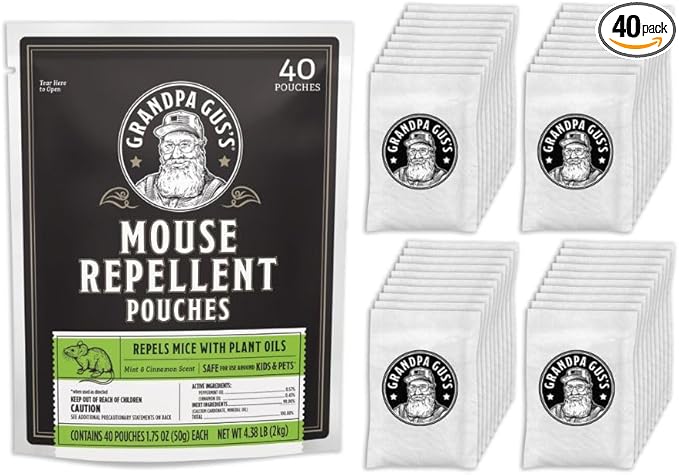 Grandpa Gus's Natural Mouse Repellent Pouches, Cinnamon/Peppermint Oils Repel Mice from Nesting & Freshen Air in Home/Cabin/Boat/Car/Storage/RV/Machinery/Shed, 1.75 Oz (40 Pouches)
