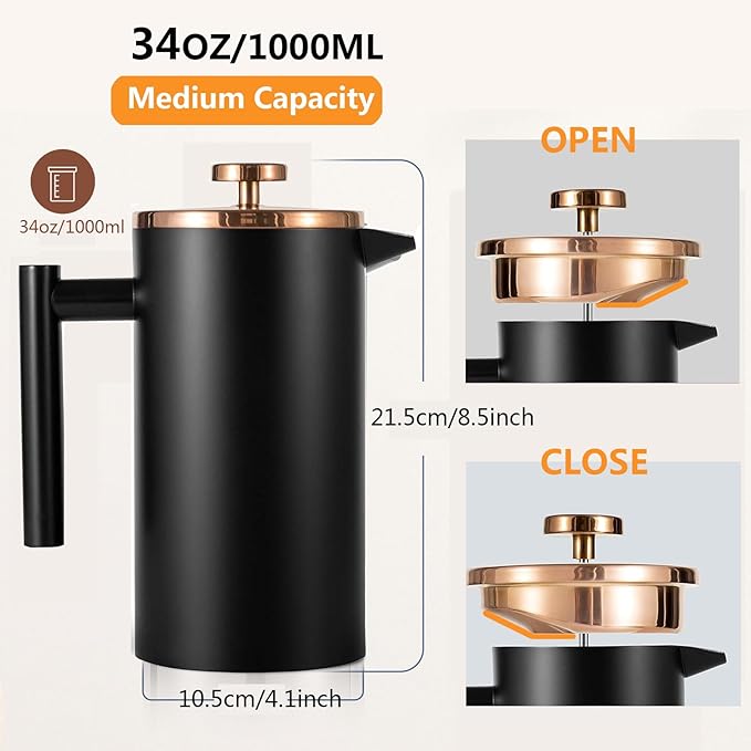 Black French Press Stainless Steel 34oz, Double Wall Insulated Coffee Press 1L for travel camping with 2 Extra Filter Screens and 1 Coffee Spoon（8cup 1000ml）