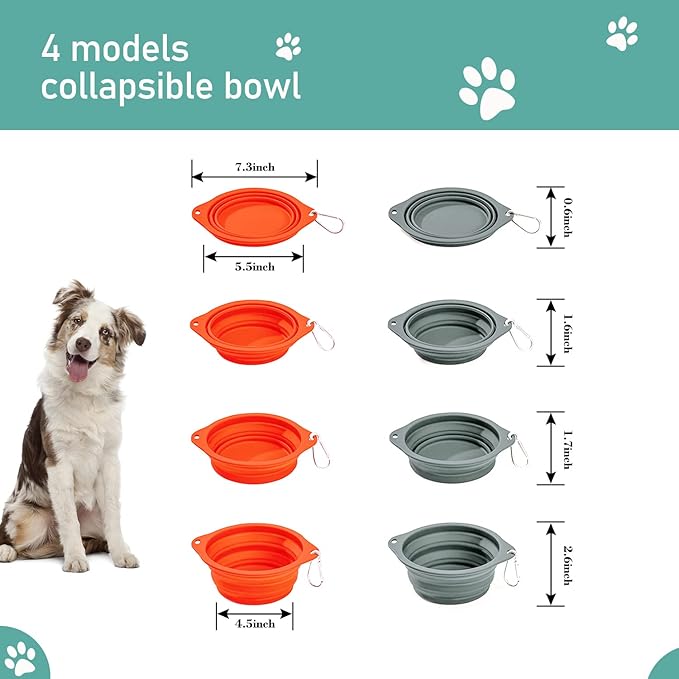 Silicone No Spill Collapsible Travel Dog Bowl, 2 Pack No Plastic Rim Pet Water Bowls, Portable Leak-Proof Pet Feeding Bowls