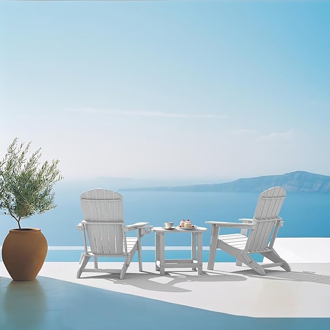 Folding Adirondack Chair, SGS Tested, Wooden Textured with Cup Holder, Heavy All-Weather HDPE Comfortable Set Poolside Backyard Lawn White Set 2