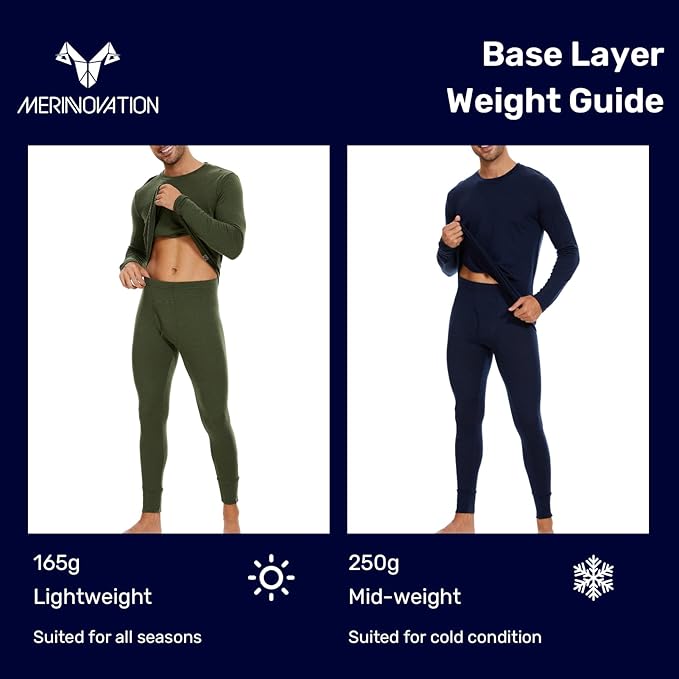 MERINNOVATION Merino Wool Base Layer Set for Men 100% Merino Wool Thermal Underwear Long Sleeve