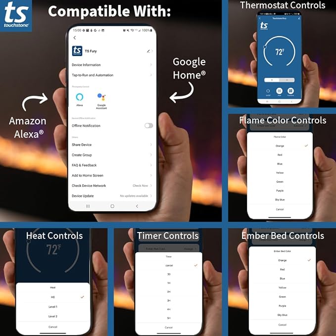 Touchstone Smart Electric Fireplace-The Fury 65" Wide- 4.5" Thin in Wall Recessed-100 Realistic Flame/Ember Bed Color Combos-1,500W Heater-Larger Viewing Area-Alexa/WiFi Enabled