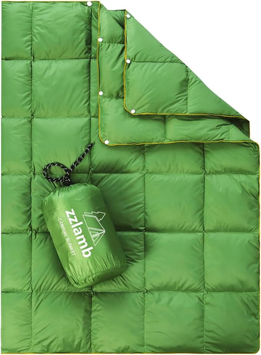 zzlamb Puffy Down Camping Blanket Water-Repellent, Down Throw Travel Blanket Portable for Outdoor, Light Warm Quilt for Couch Plane Car Theater Stadium Picnic RV Backpacking Hammock
