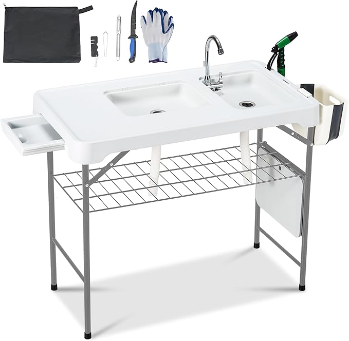 Dragosum 42'' Outdoor Fish Cleaning Table Portable Camping Sink Station with Double Sinks, Collapsible Swivel Faucet, Picnic Sink Table with 6pc Fish Cleaning Kit for Picnic Beach Patio (Grey)