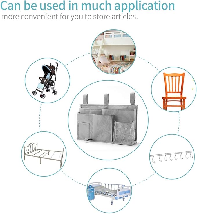 Bseash Bunk Bed Organizer, Bedside Caddy Hanging Bed Organizer Storage Bag 8 Pockets, for College Dorm Rooms Bed, Hospital Bed, Baby Bed Rails, 600D Oxford Cloth (Gray)