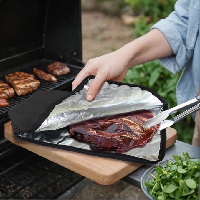 BBQ Blanket for Resting Meat, 5-Layer Insulated Meat Resting Bag for Moisture Retention and Perfect BBQ, Wide Mouth with Handle Design for Briskets, Pork Shoulders, Steaks (Black, 21 Inch)