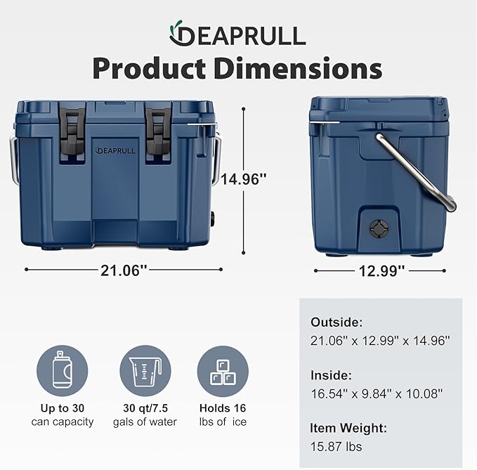 Hard Cooler, Insulated Ice Chest Box Holds Ice for More Days, Portable Cooler with Handle, Cup Holders, Double Latches for Camping Drink, Beach, Picnic, Fishing, Boat, Barbecue