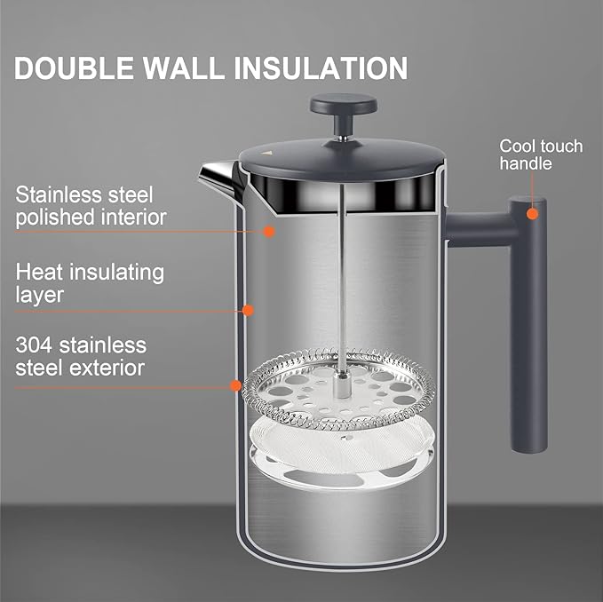 Secura French Press Coffee Maker, 304 Grade Stainless Steel Insulated Coffee Press with 2 Extra Screens, 34oz (1L), Grey