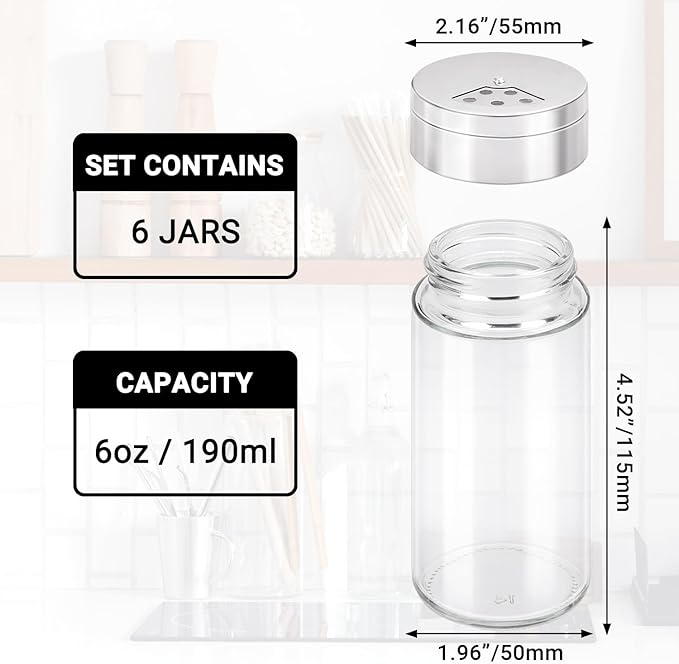 Segarty Spice Jar with Shaker Lids, 6 Pack 6 oz Spice Jars with Adjustable Pour Large Holes for Herbs Grains, Empty Glass Spices Bottles Seasoning Containers Salt Pepper Shakers