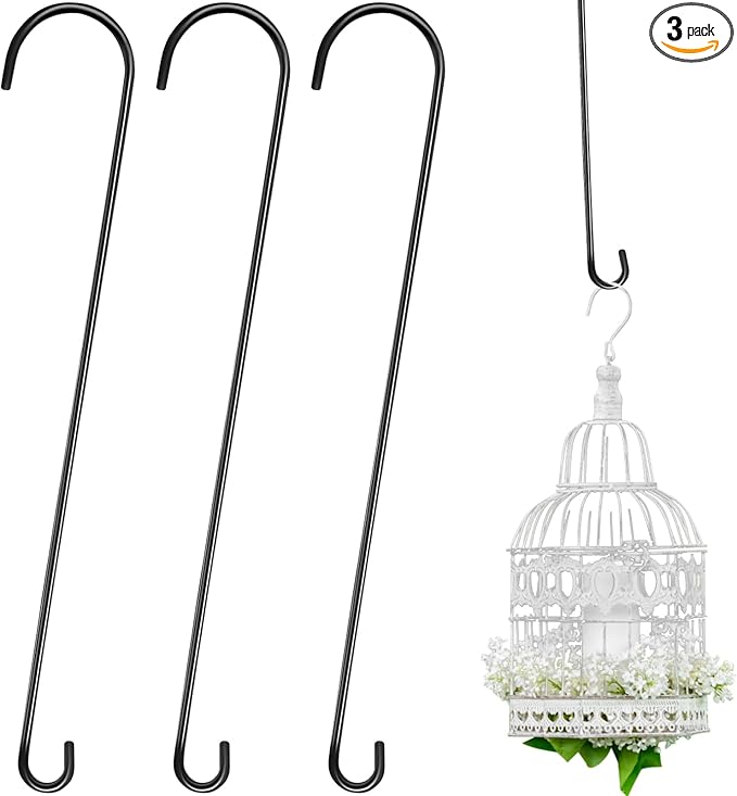 3 Pack 36 Inch Large S Hooks for Hanging Plants Black Metal Plant Hanger Long Tree Hooks Plant Hooks Outdoor Hanging Hooks for Tree Branch, Bird Feeder, Basket, Lantern Indoor Closet Garden